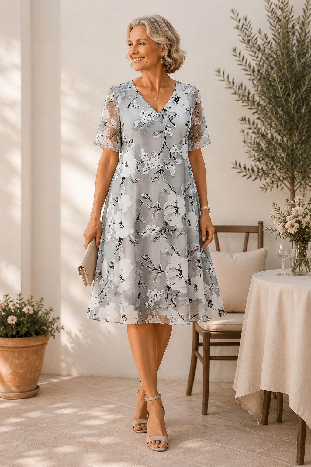 Women's Elegant Floral Print Chiffon Dress