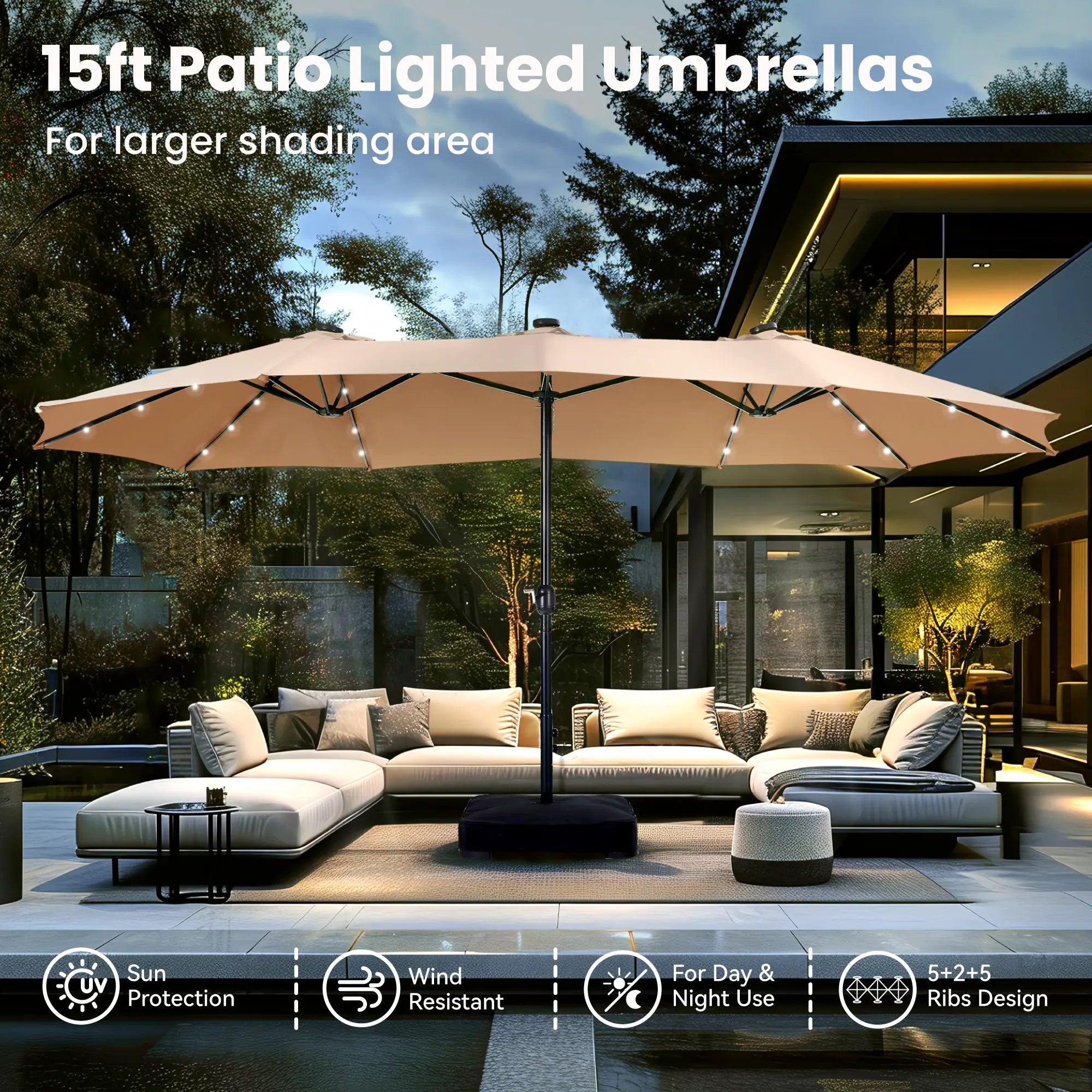 Phivilla Home 15-foot Large Outdoor Patio Umbrella with Base – LED Lights Optional
