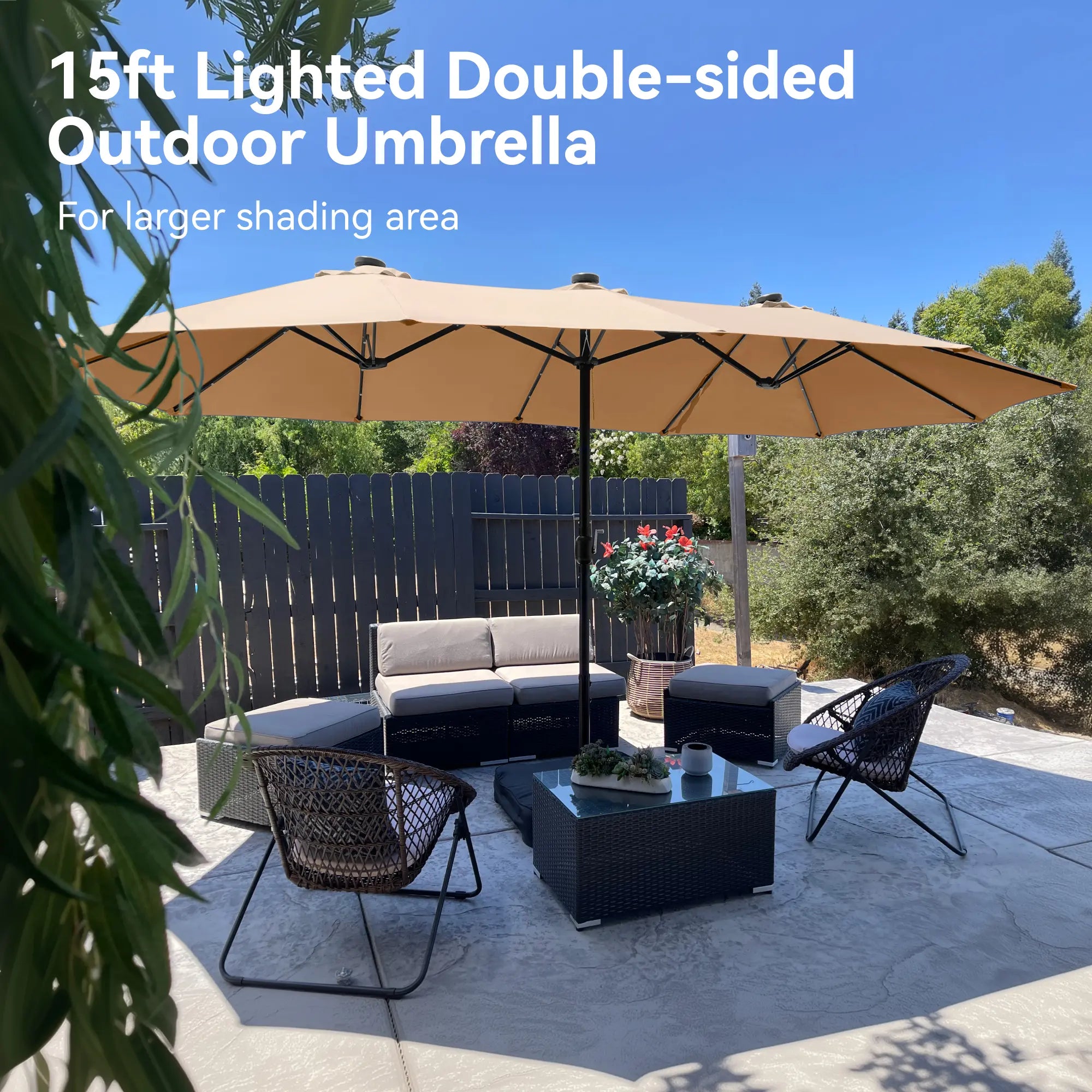 Phivilla Home 15-foot Large Outdoor Patio Umbrella with Base – LED Lights Optional