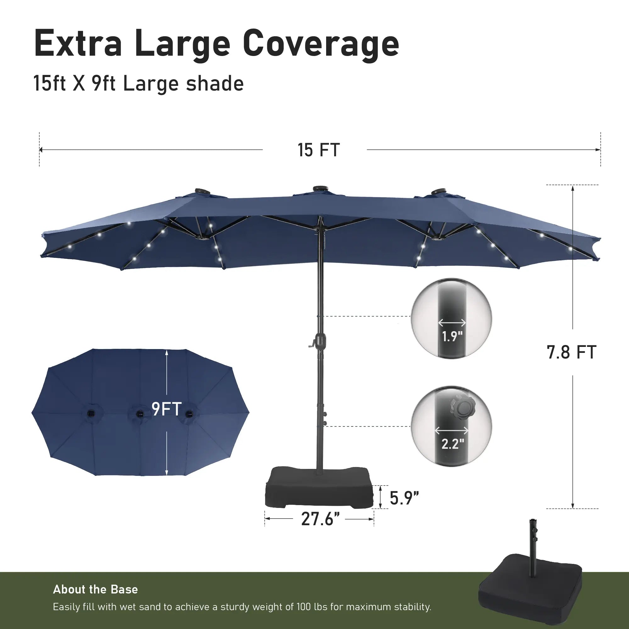 Phivilla Home 15-foot Large Outdoor Patio Umbrella with Base – LED Lights Optional
